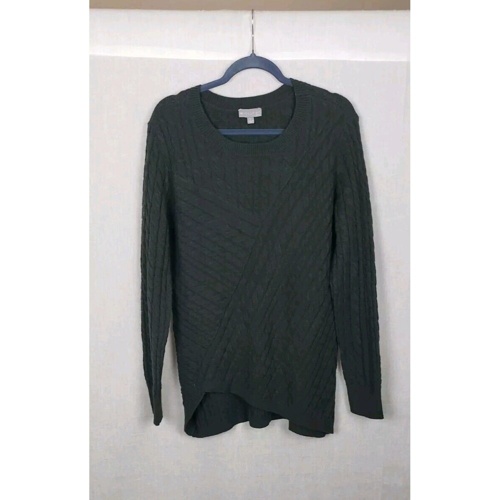 EVOLUTION BY CYRUS‎ Sweater Cable Knit Asymmetric Hem Large Olive Green DEFECT